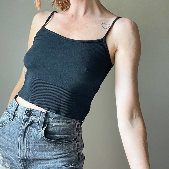 Vintage Tops - Vintage 90s/Y2K Black Stretch Knit Spaghetti Strap Crop Top